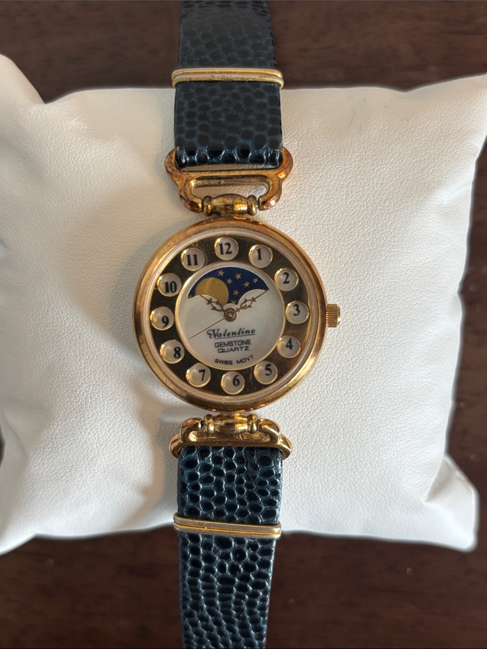 Valentine Gemstone Quartz Women's Gold-Tone Watch with Black Strap. Swiss,